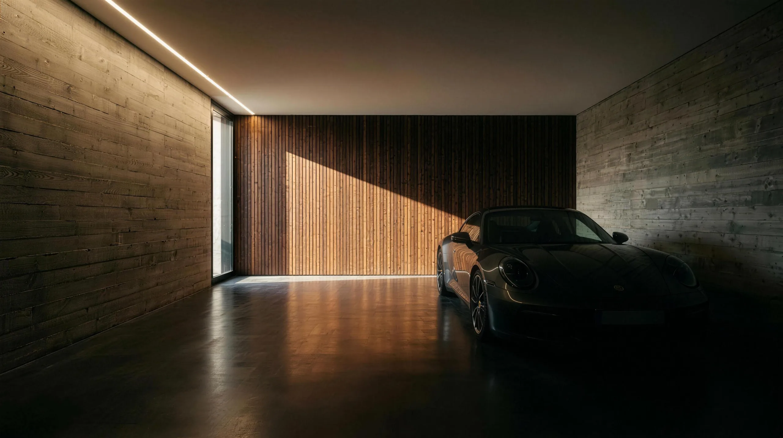 Interior de garaje privado con muro de listones iluminado y un vehículo en penumbra